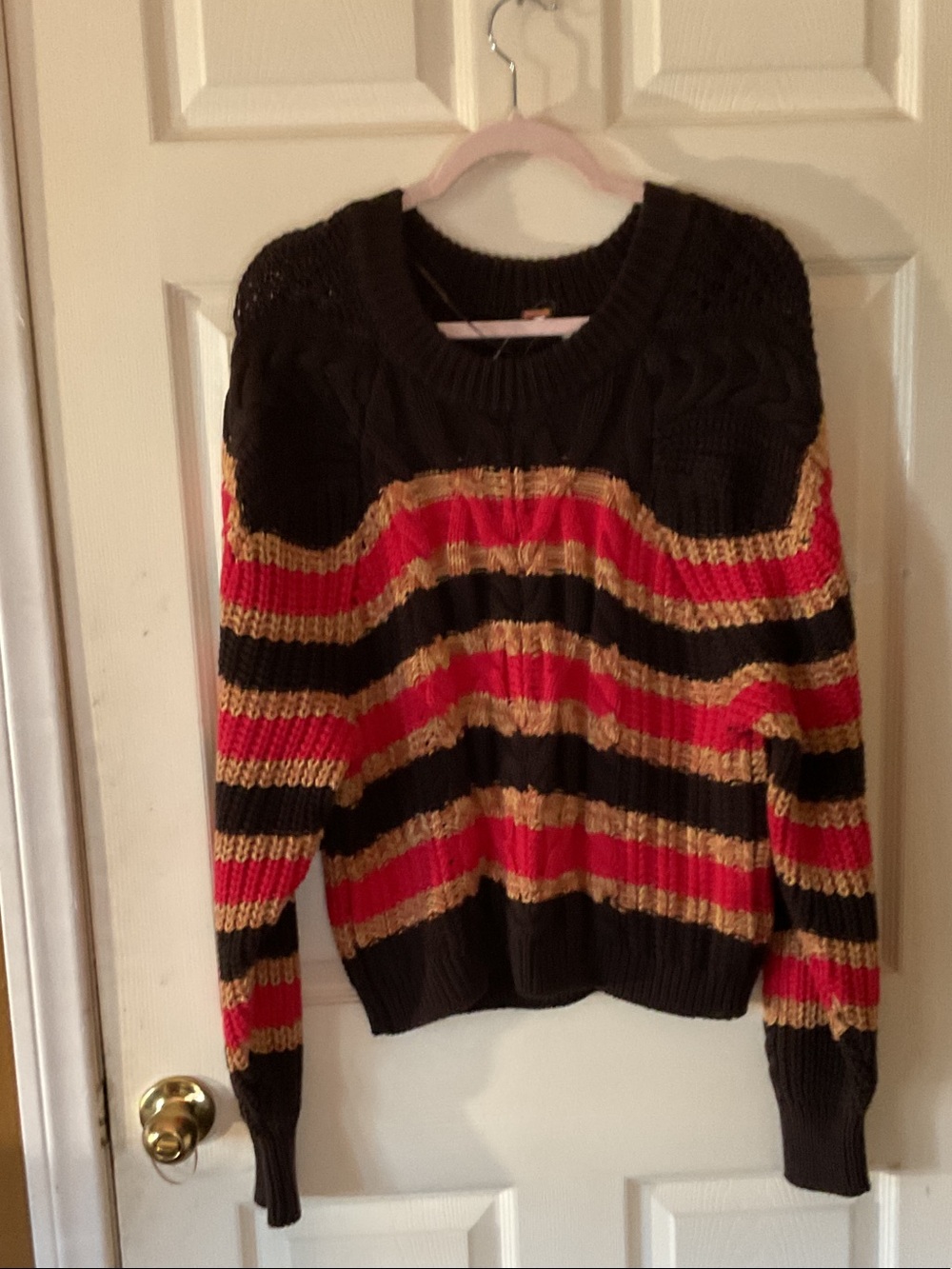 Free People Brown, Red & Gold Striped Crewneck Sweater